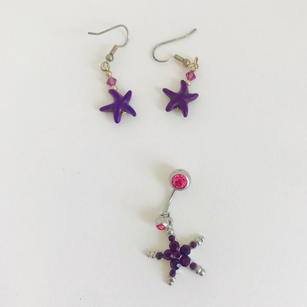 Handmade Purple Starfish Earrings & Starfish Belly Charm